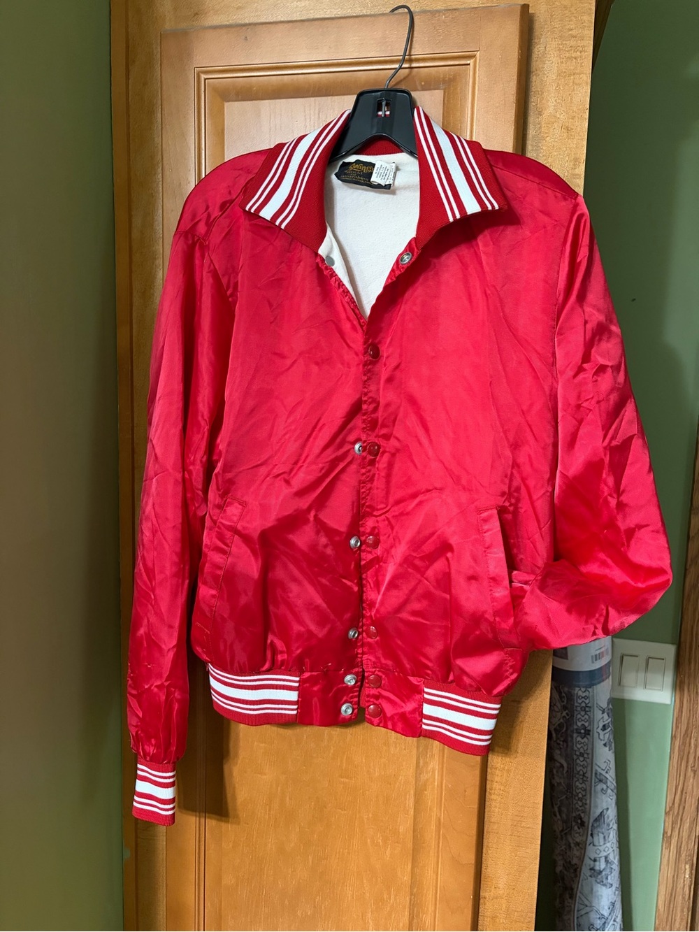 Vintage Swingster Satin Varsity Bomber Jacket with Striped Rib Trim